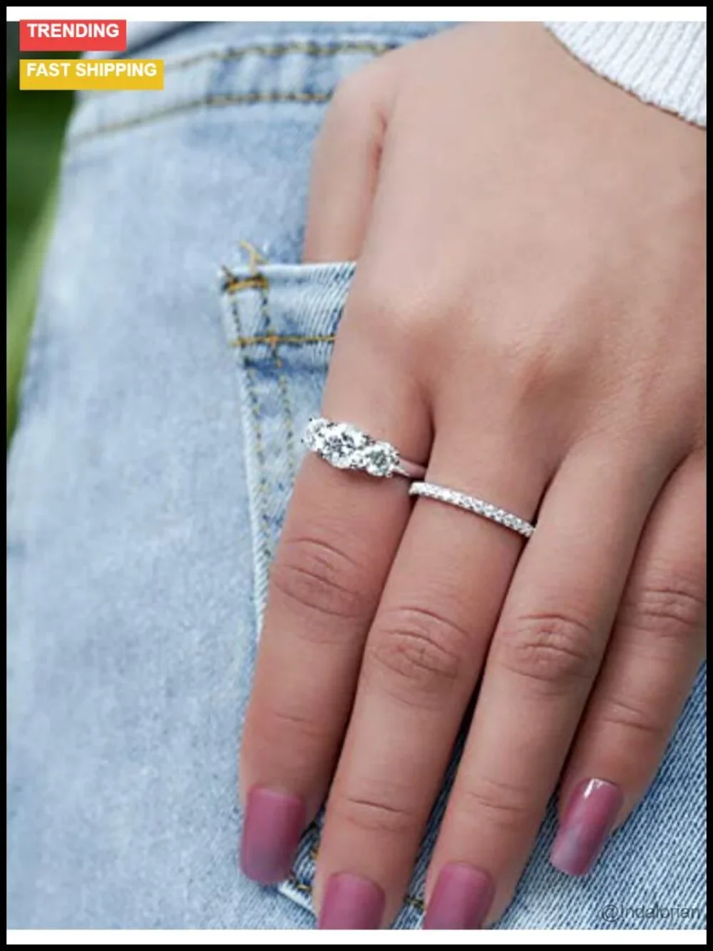 Moissanite 3 Stone Engagement Ring 925 Sterling Silver Wedding Band